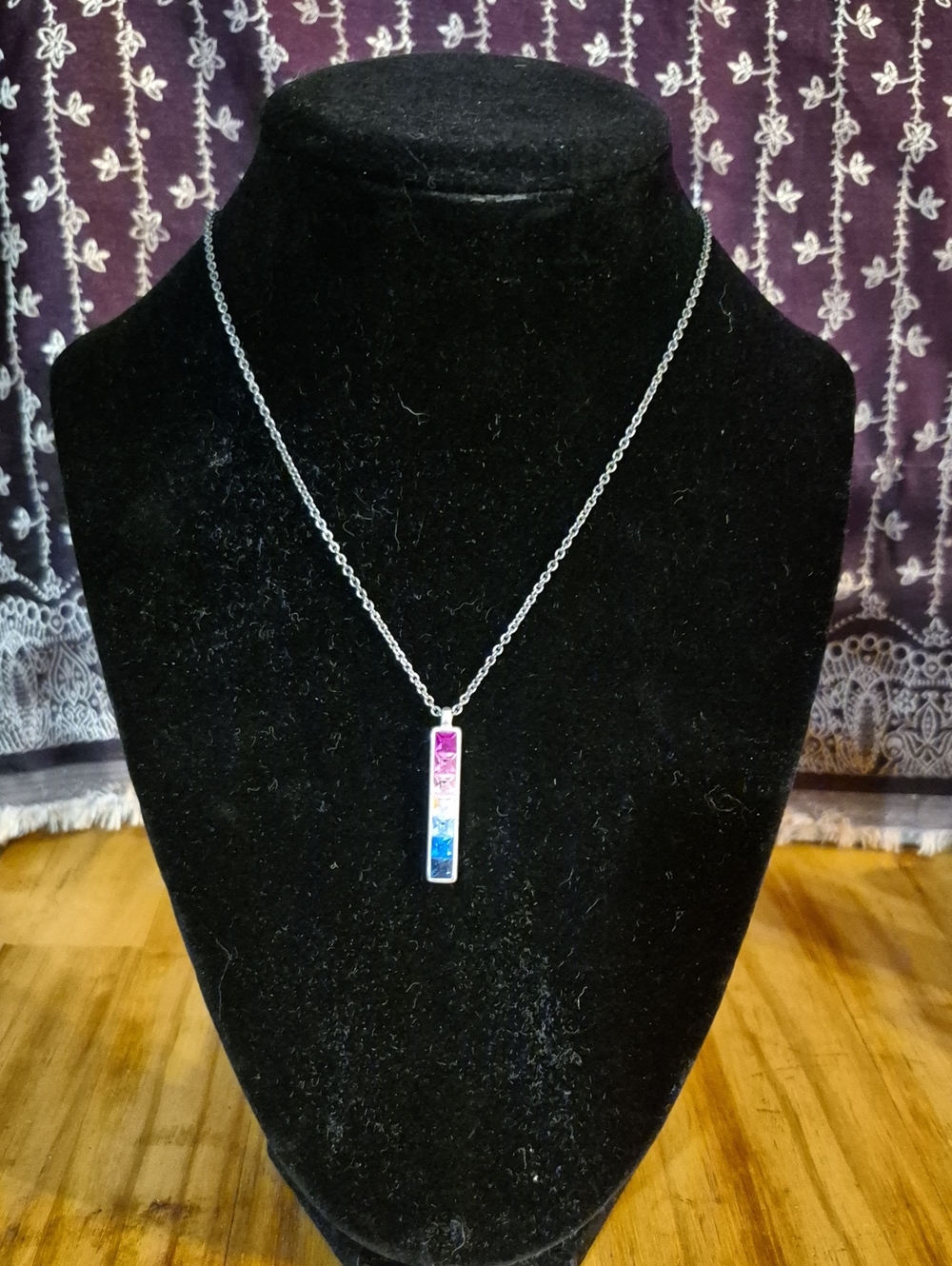 Silver Bar Pendant Necklace with Pink, White & Blue Inlay - Women Jewelry
